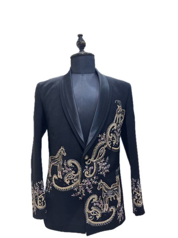 Indigo Satin-Lapel Embroidered Jacket