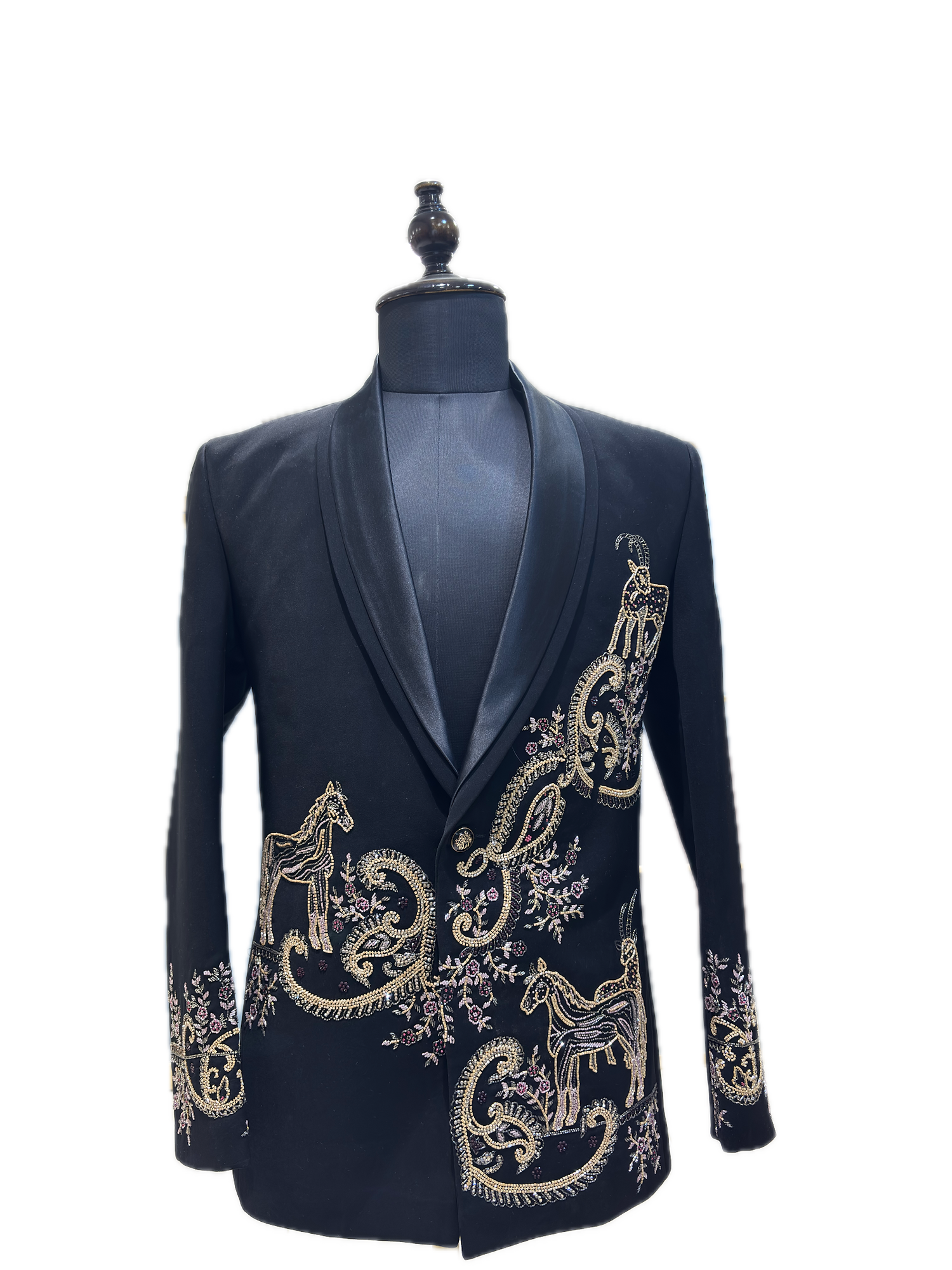 Indigo Satin-Lapel Embroidered Jacket