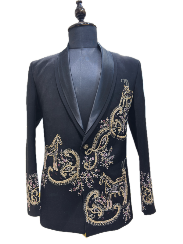 Indigo Satin-Lapel Embroidered Jacket — detail